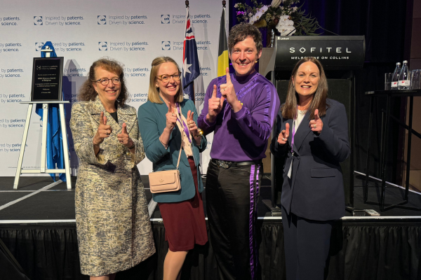 picture of Professor Ingrid Scheffer, Amy Schneider, Lachie the Purple Wiggle, and Brialie Forster